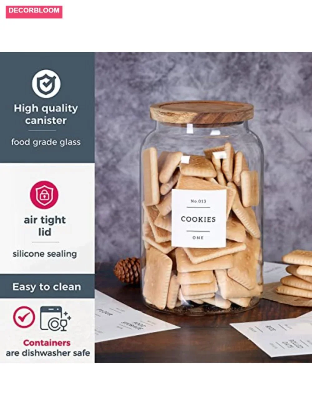1 Gallon Glass Cookie Jar with Airtight Acacia Lid & 42 Labels